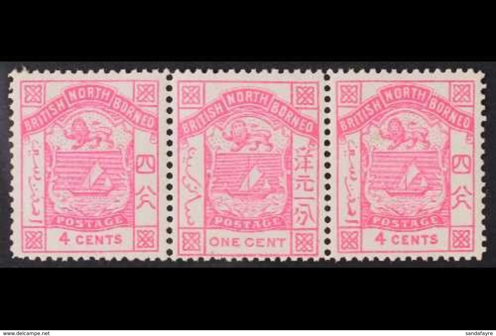 1886-87  1c Pink ERROR As Centre Stamp Of Strip 3 4c Values, SG 26d, Never Hinged Mint, Tiny Fault To Left End 4c Stamp. - North Borneo (...-1963)