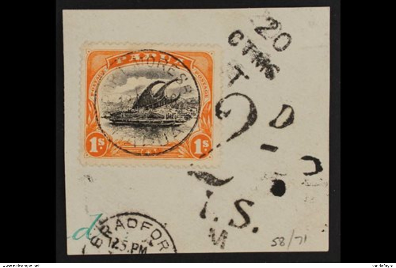 1907-10  1s Black & Orange Lakatoi Wmk Sideways Perf 12½, SG 71, Superb Used On Large Piece Cancelled With "Port Moresby - Papúa Nueva Guinea