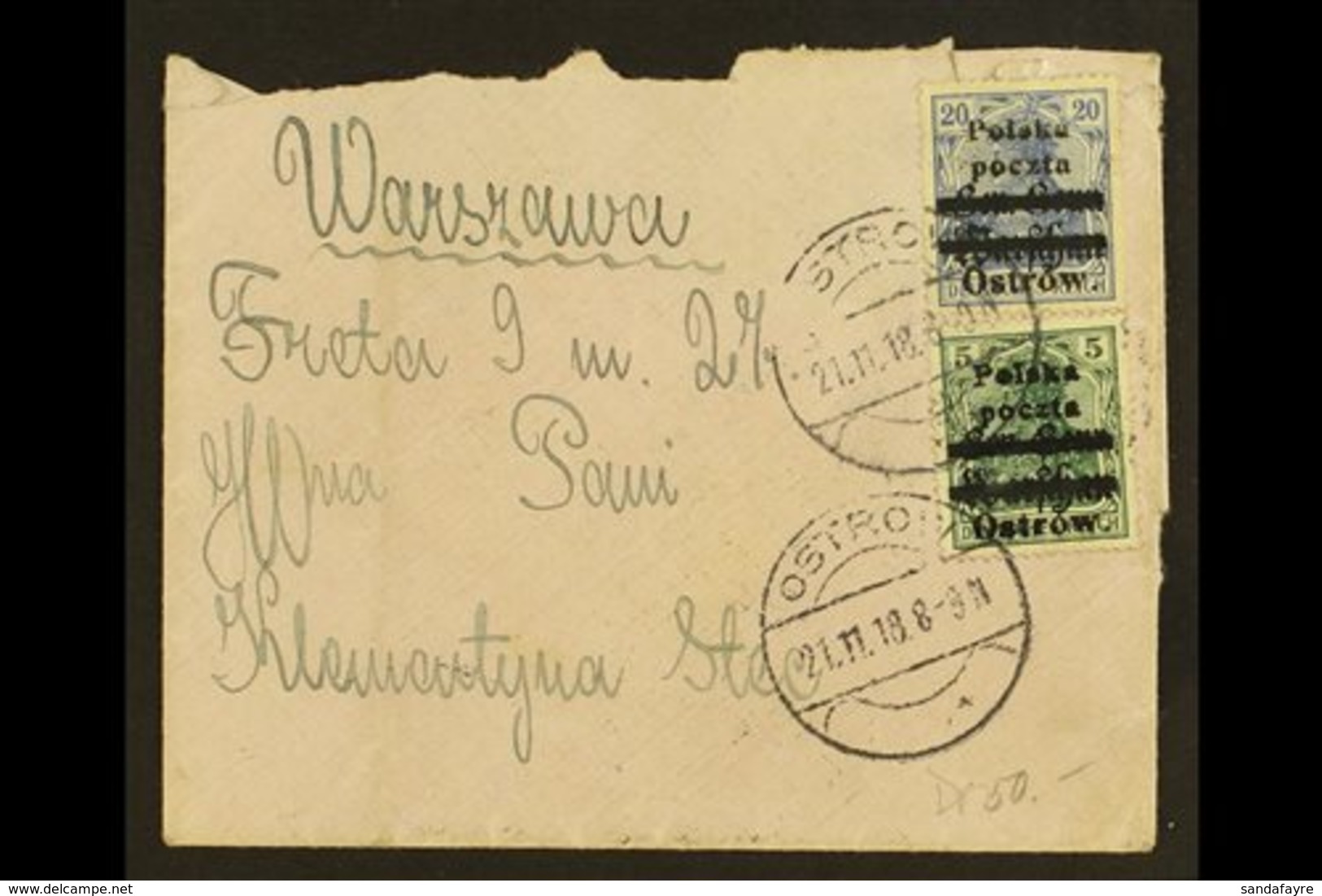 LOCAL ISSUE  OSTROW 1918 (21 Nov) Cover Addressed To Warsaw Bearing 5pf Green & 20pf Blue With Local Overprints Type B - - Sonstige & Ohne Zuordnung