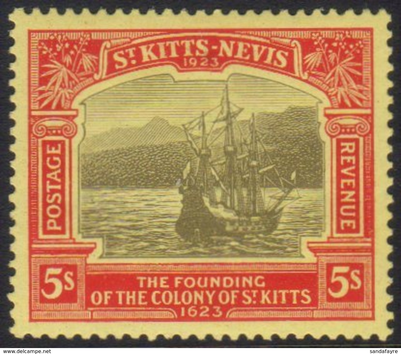 1923  5s Black & Red On Pale Yellow, SG 59, Very Fine Mint For More Images, Please Visit Http://www.sandafayre.com/itemd - St.Kitts Y Nevis ( 1983-...)