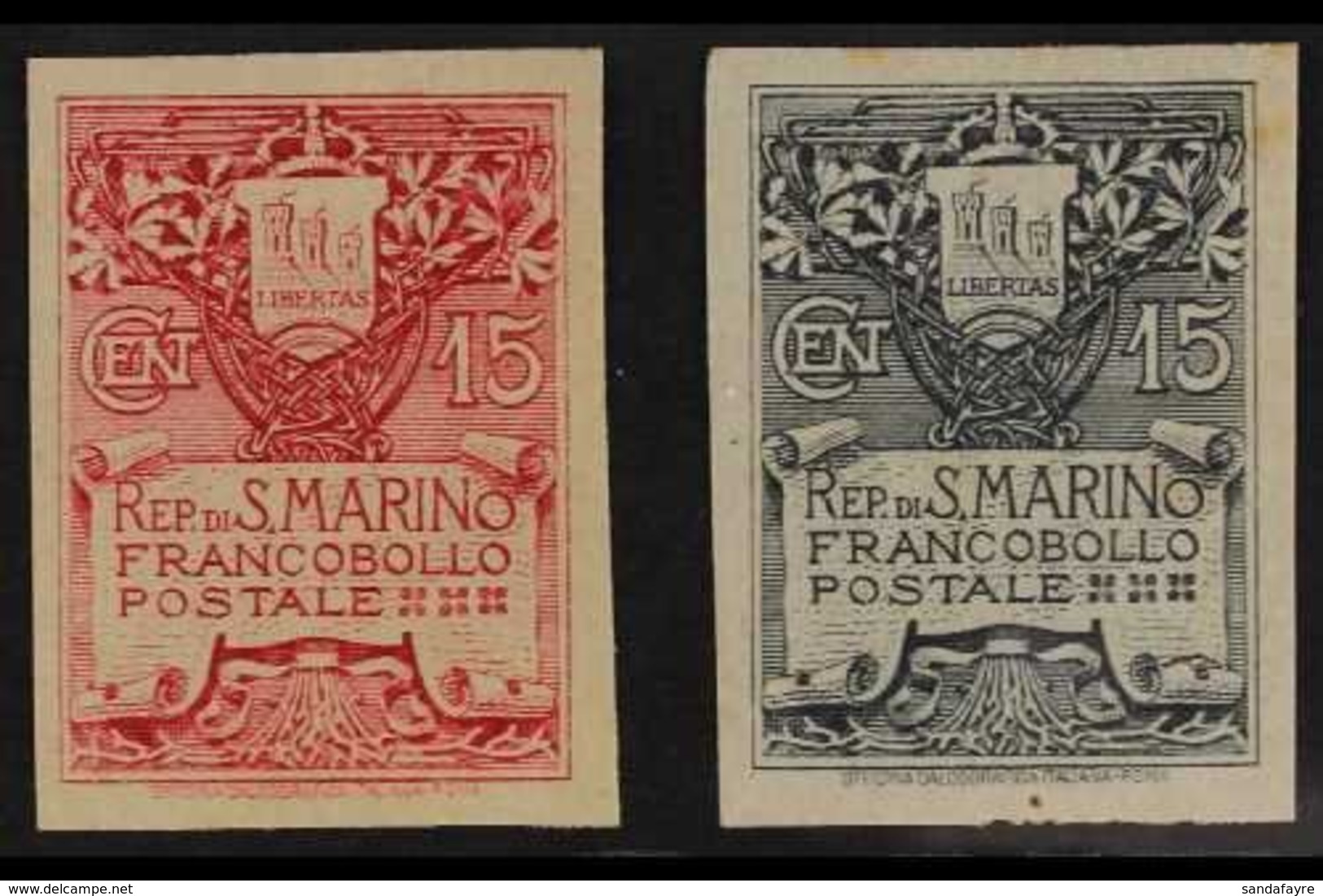 1907  15c Arms, In Grey Imperf, Sass 48a, Very Fine Mint And As A Proof In Red Without Gum. (2 Stamps) For More Images,  - Other & Unclassified