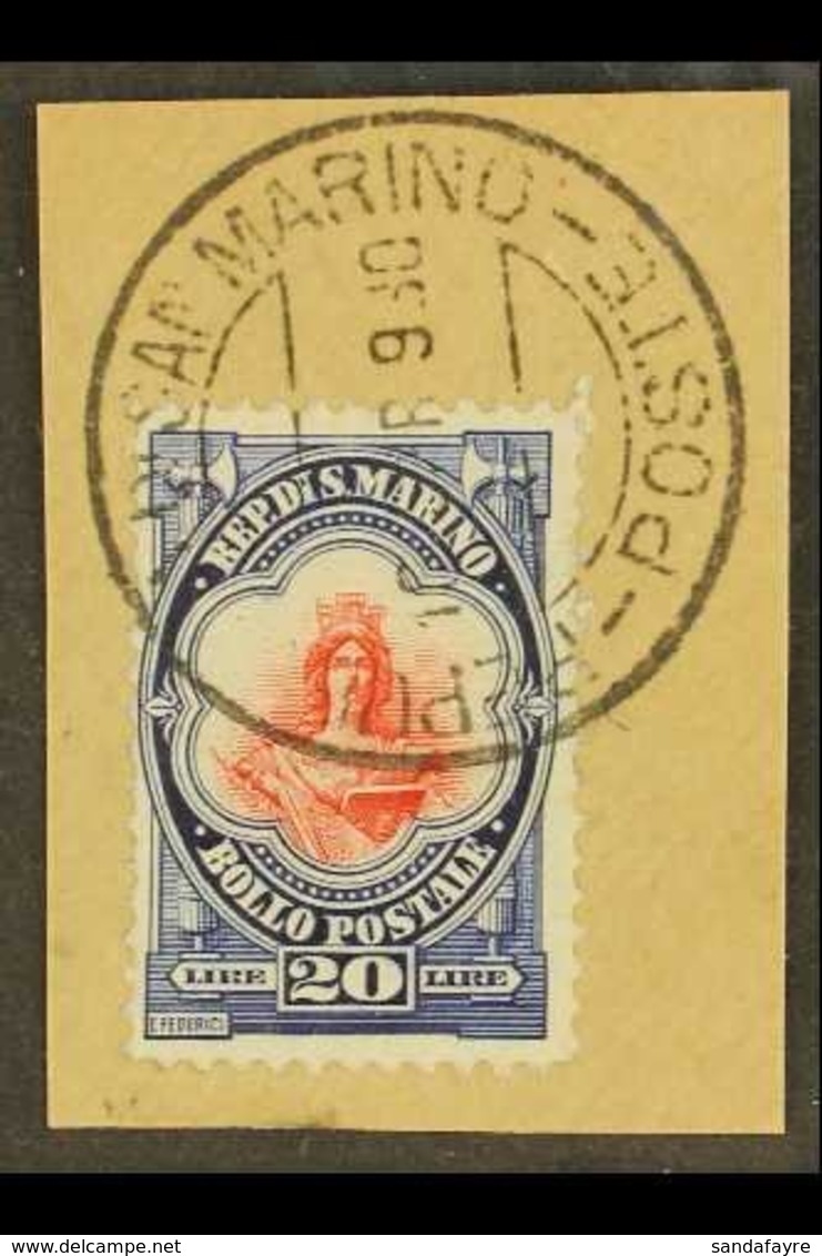 1929  20L Blue And Red "Liberty", Sass 158, Superb Used On Piece. For More Images, Please Visit Http://www.sandafayre.co - Other & Unclassified