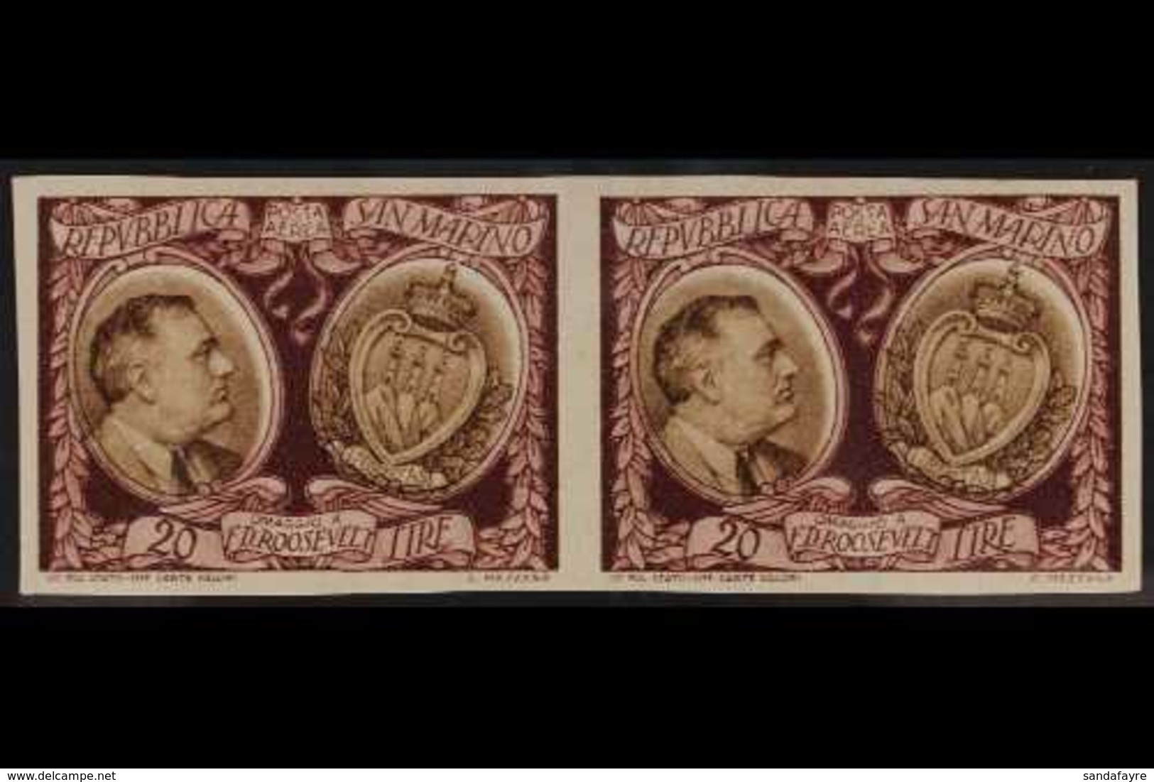 1947  20L Lilac Brown And Brown, Roosevelt, Imperf Horizontal Pair, Sass A64b, Very Fine Never Hinged Mint. For More Ima - Altri & Non Classificati