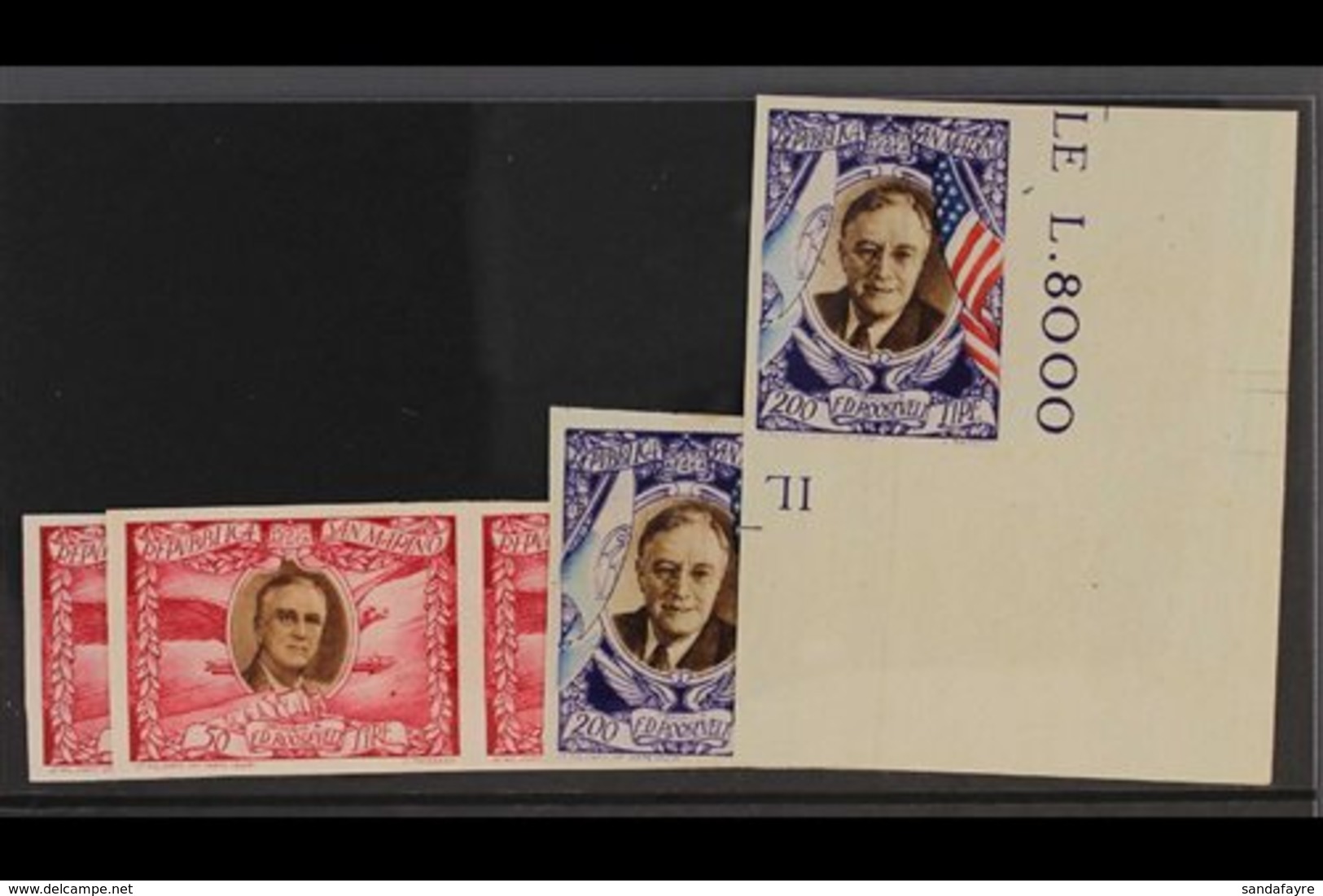1947  50L Rose Carmine And Brown (2 Imperf Pairs) And 200L Multicoloured (2) Roosevelt Proofs, In Issued Colours On Ungu - Altri & Non Classificati