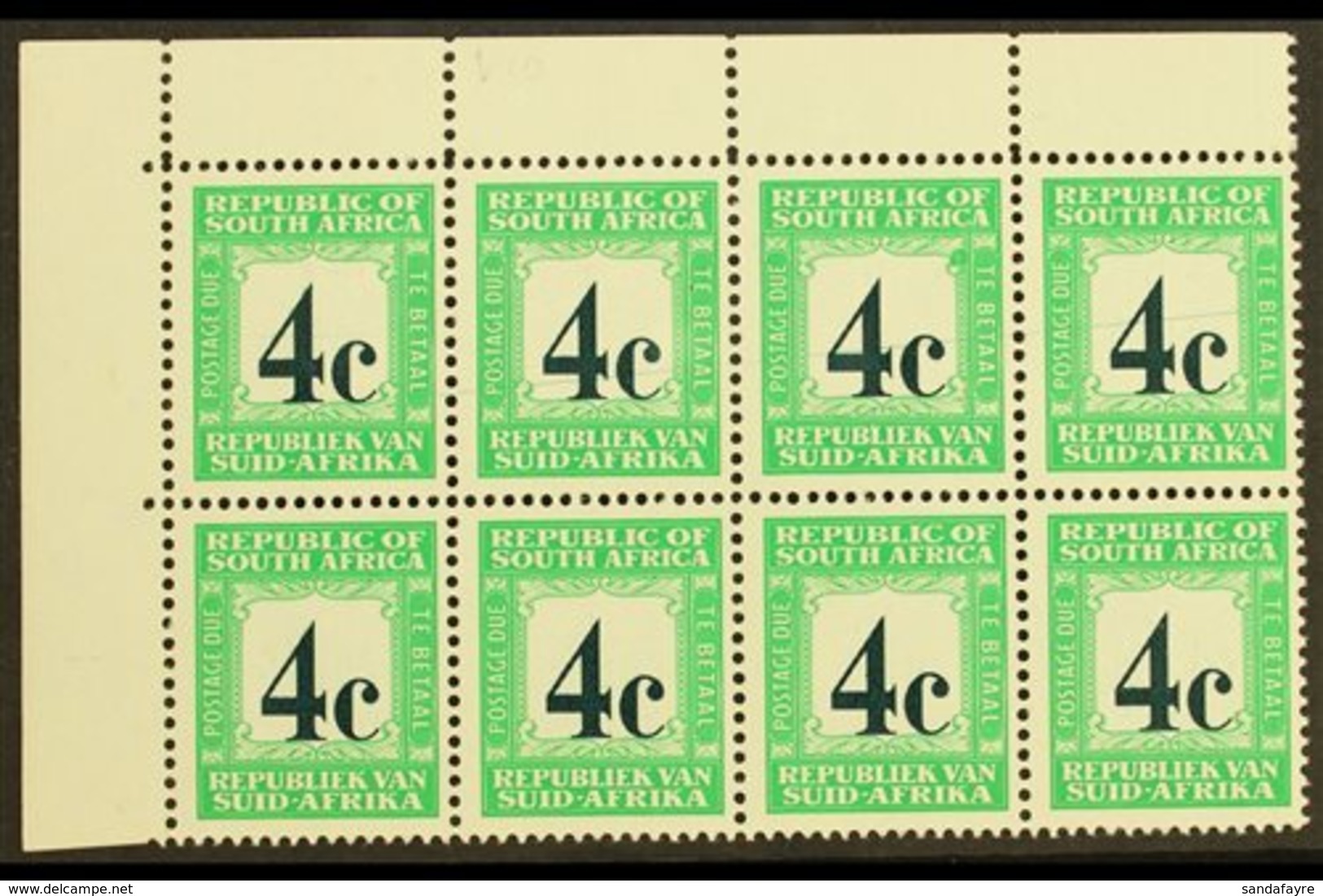 POSTAGE DUE  1967-71 4c Deep Myrtle-green & Emerald, English At Top, Wmk RSA, Block Of 8 With SCRATCH Variety Through R1 - Unclassified