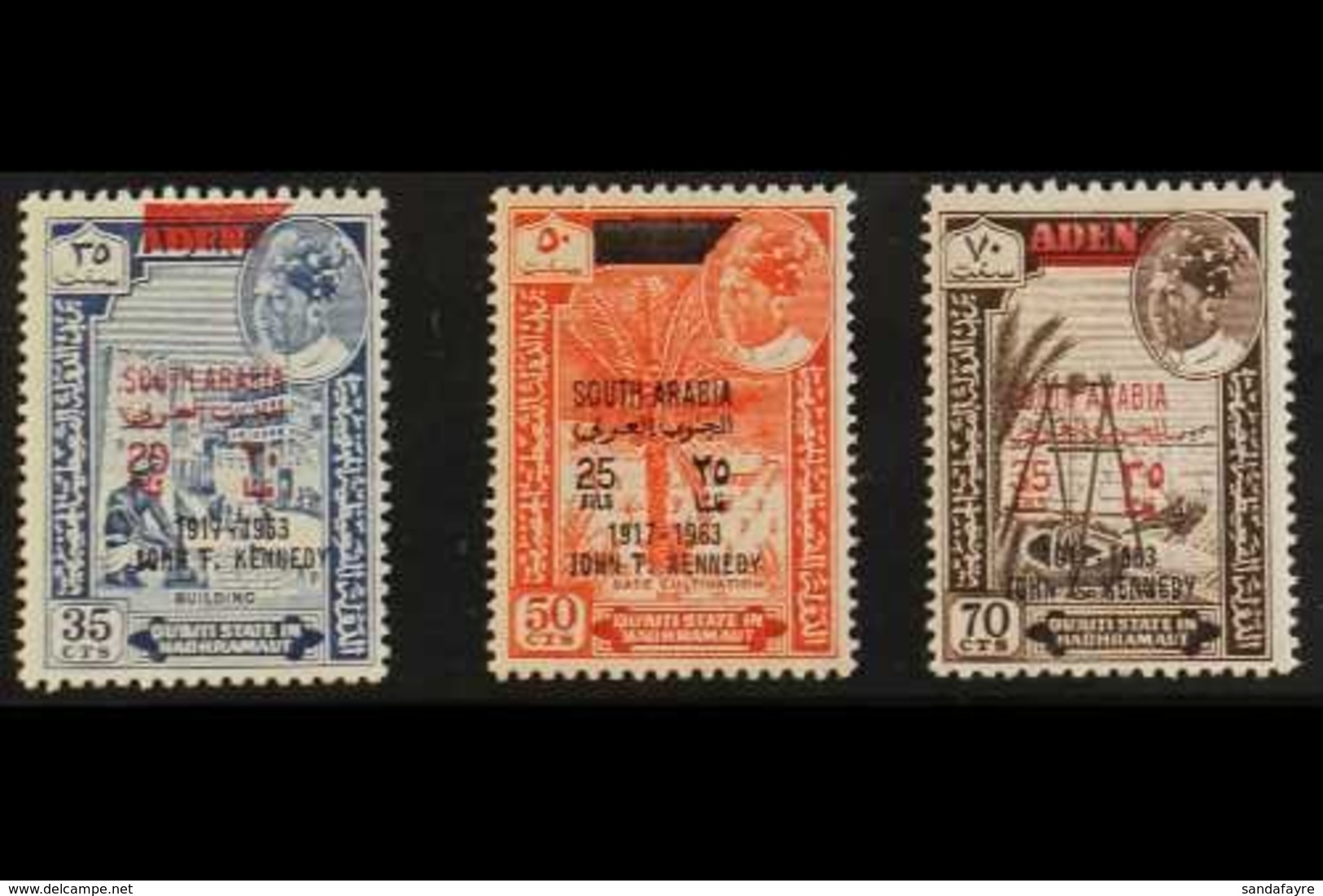 QU'AITI STATE  1966 Kennedy OVERPRINTS IN BLACK Complete Set (SG 68/70 Var, Michel 68/70 Var), Superb Never Hinged Mint, - Aden (1854-1963)