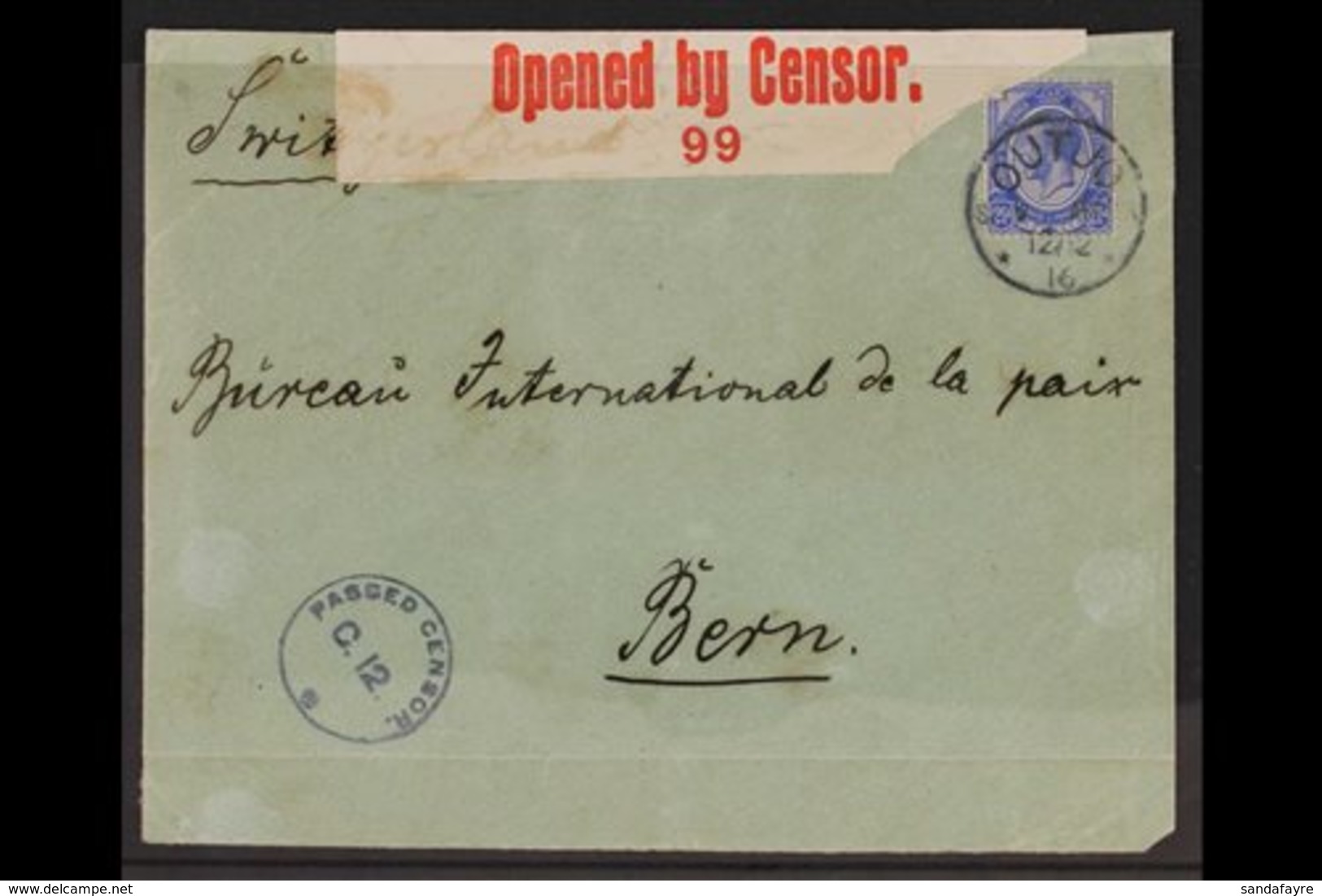 1916  (12 Feb) Env To Switzerland Bearing 2½d Union Stamp Tied By "OUTJO" Cds Cancel, Putzel Type B4 Oc, Circular Censor - South West Africa (1923-1990)