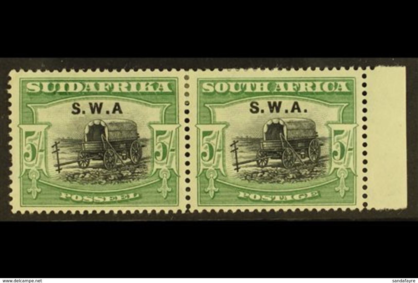 1927  5s Black And Green, Bi-lingual Pair, Ovptd S.W.A., Variety Left Stamp "without Stop After A", SG 66a, Fresh Mint,  - Africa Del Sud-Ovest (1923-1990)