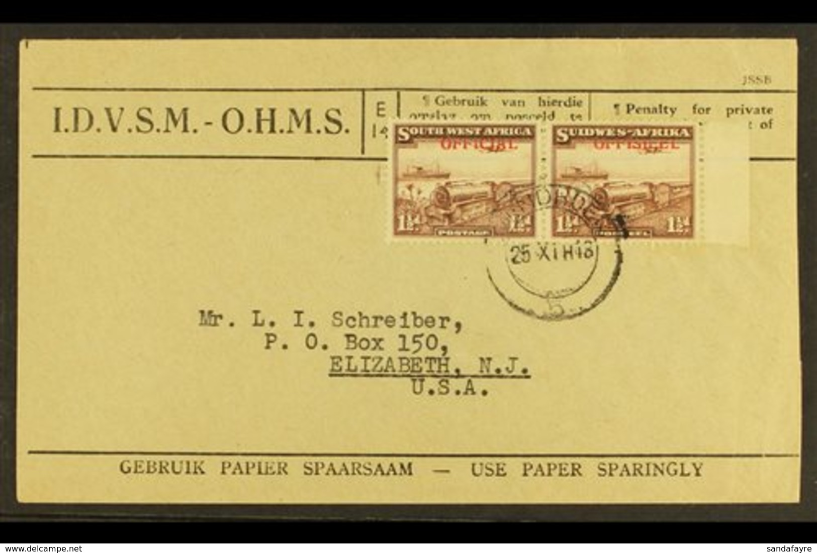 OFFICIALS  1945 - 50 1½d Purple Brown, SG O20, Bi-lingual Pair Superb Used On OHMS Cover To USA. Rare Franking!  For Mor - Africa Del Sud-Ovest (1923-1990)