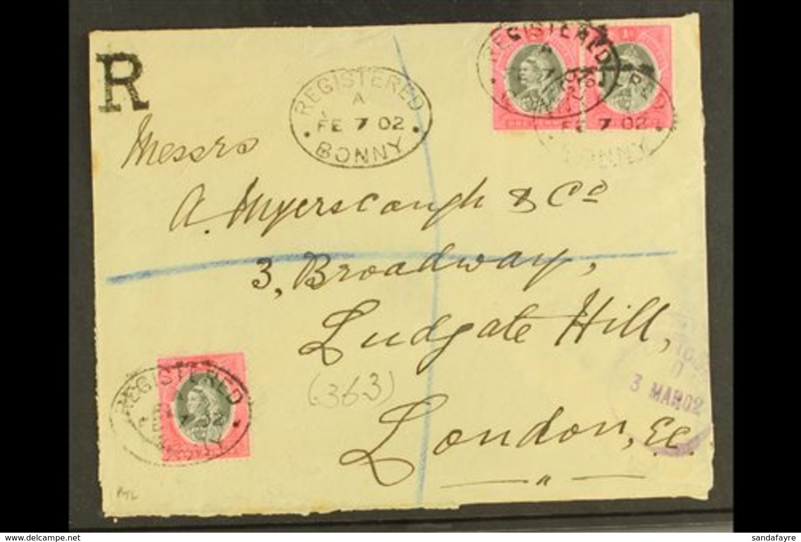 1902  Env Registered To London Bearing Three 1901-02 1d Stamps (SG 2) Tied By Oval "Registered Bonny" Cancels, Violet Lo - Nigeria (...-1960)