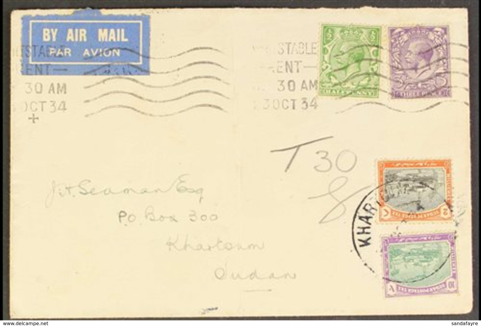 1934  (23 Oct) Envelope From Whitstable, England To Khartoum Bearing GB ½d & 3d Values Tied Alongside An Air Mail Label, - Sudan (...-1951)