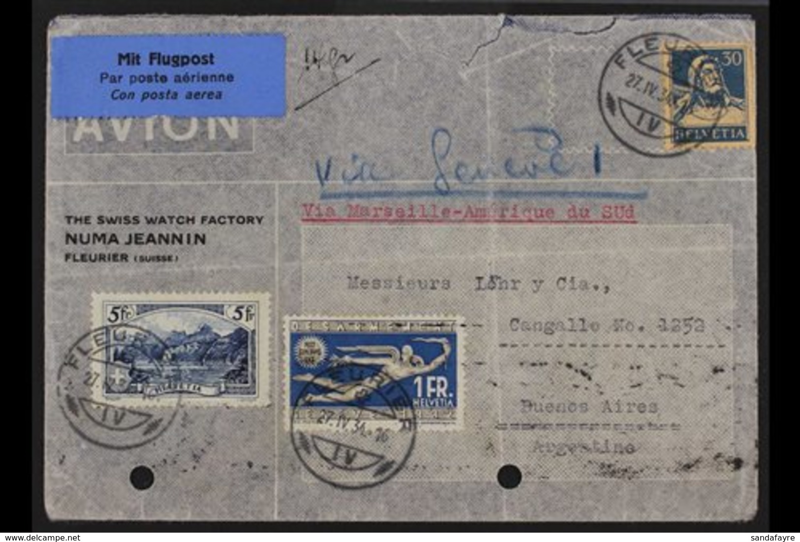 1934  Airmail Cover To Argentina, Bearing 1928-31 5f Landscapes (Michel 227), Plus 30c & 1f Stamps, Tied By "Fleurier" C - Other & Unclassified