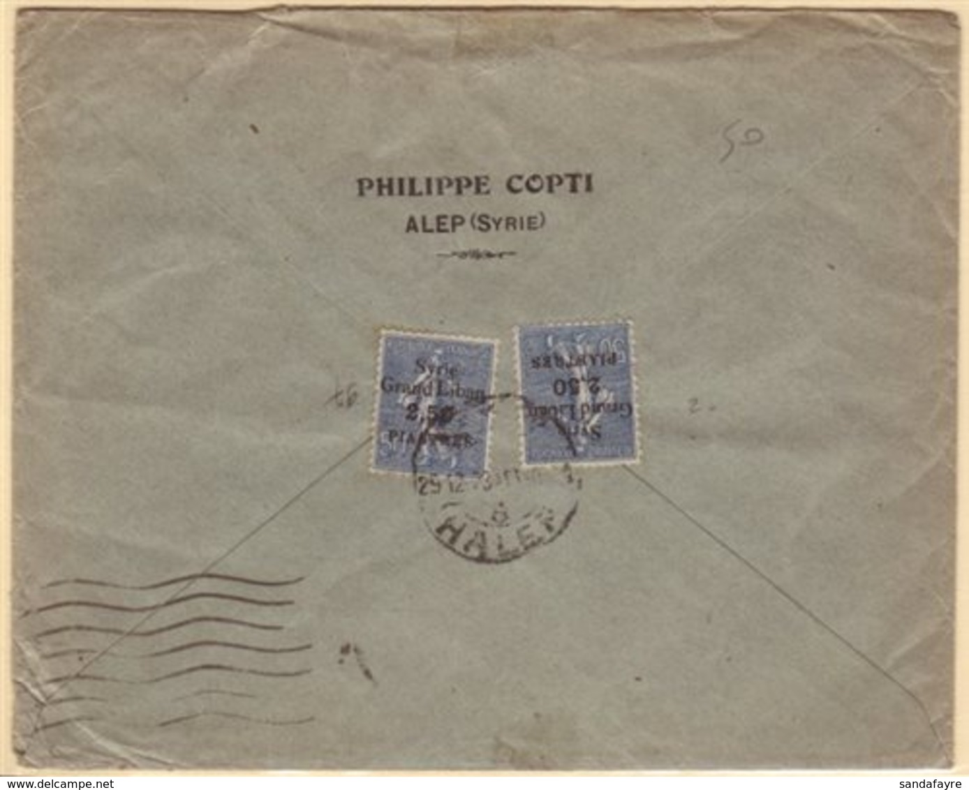 1923  Commercial Cover To France, Franked Two 1923 2.50pi On 50c "Syrie Grand Liban" Overprints, SG 105, HALEP C.d.s. Ca - Siria