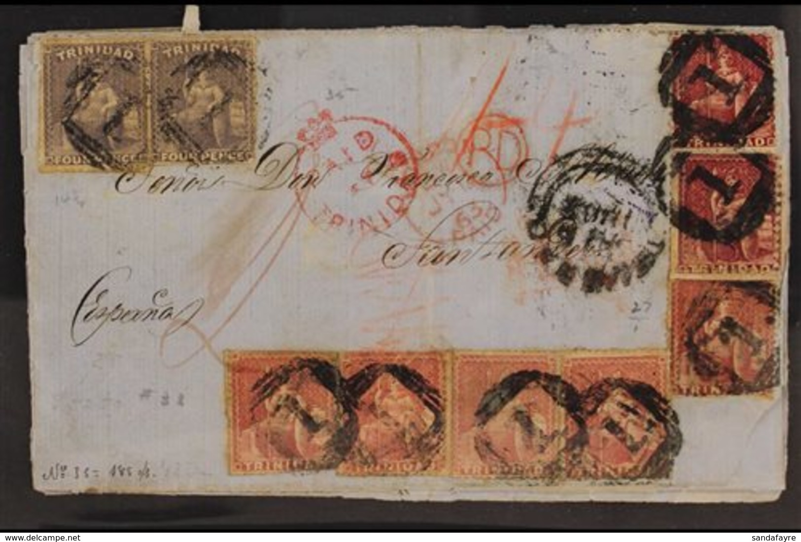 1863  (19 Jun) EL From Carupano, Venezuela To Santander, Spain Posted At Trinidad And Bearing A Spectacular Franking Of  - Trinidad & Tobago (...-1961)