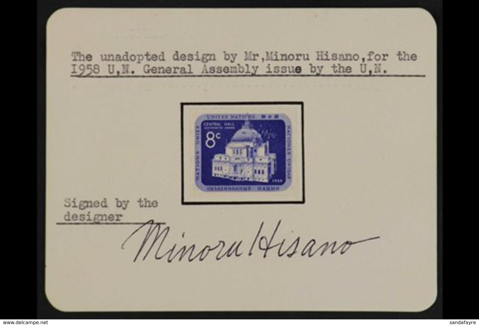 1958  U.N. General Assembly Buildings Issue IMPERF. UNADOPTED ESSAY Of An 8c Design In Ultramarine & Printed By Photogra - Andere & Zonder Classificatie