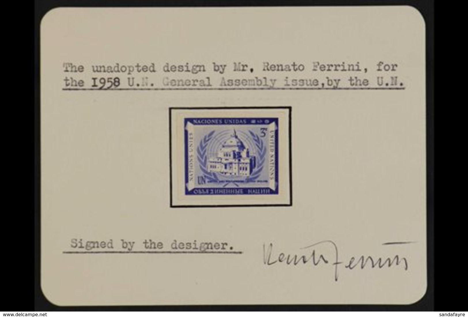 1958  U.N. General Assembly Buildings Issue UNADOPTED ESSAY Of A 3c Ultramarine Design Imperforate & Printed By Photogra - Other & Unclassified