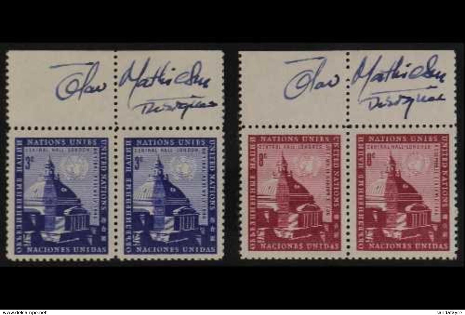 1958  U.N. General Assembly Buildings Set In Pairs SIGNED BY THE DESIGNER Olav Mathiesen In The Upper Sheet Margin Of Ea - Sonstige & Ohne Zuordnung