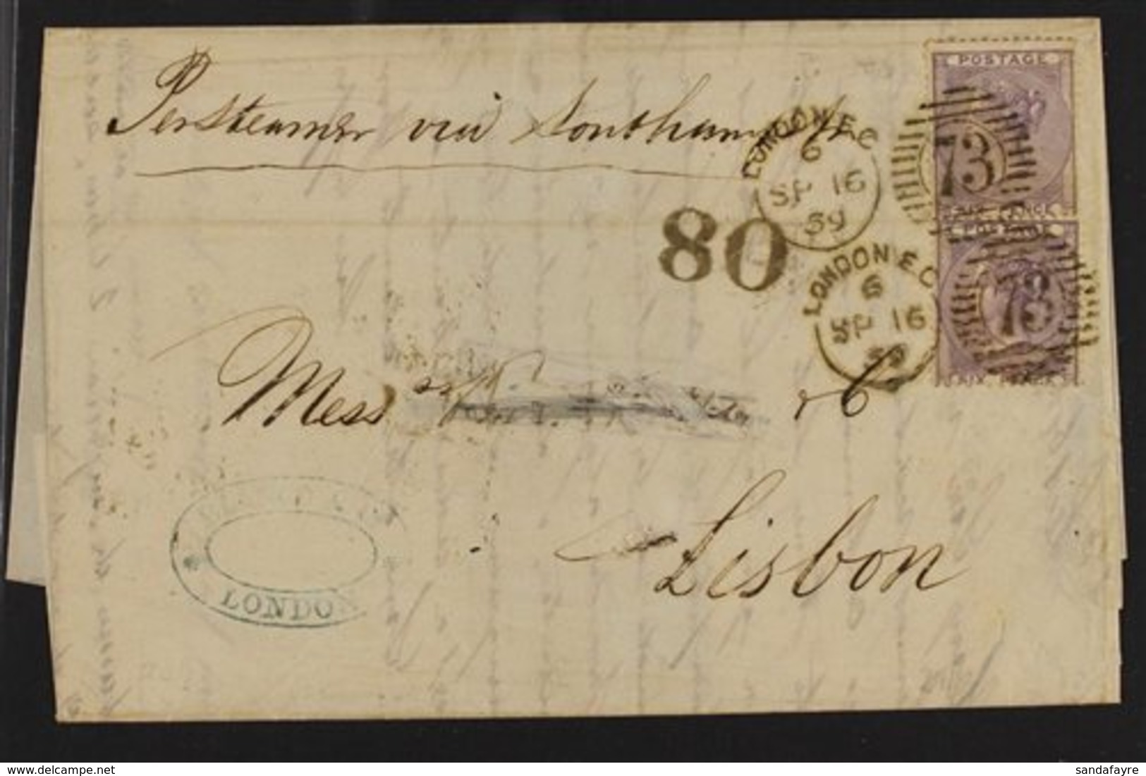 1859  (16 Sep) Entire Letter Addressed To Portugal, Bearing 1855-57 6d Lilac (x2) Both With WATERMARK INVERTED Variety ( - Altri & Non Classificati