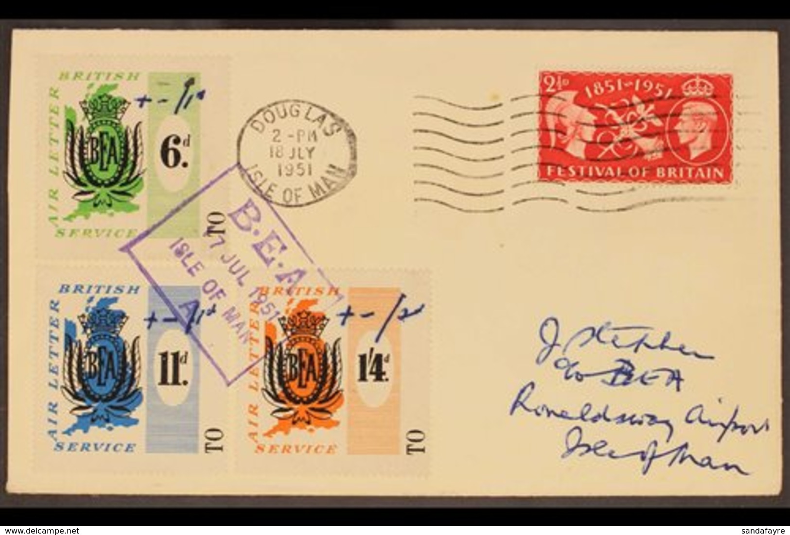 B.E.A. AIR LETTER SCARCE LOCAL SURCHARGES  1951 (17 July) Cover From Douglas To Ronaldsway Bearing GB 2½d Festival Plus  - Non Classificati