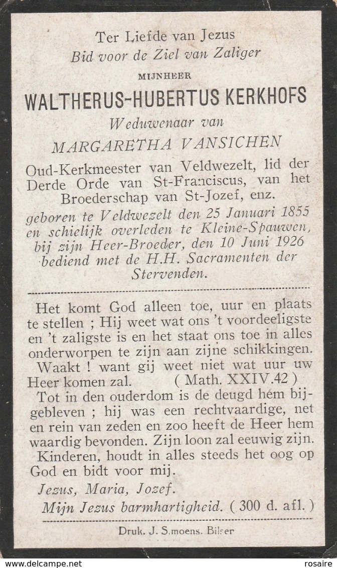 Prentje Kerkhofs-veldwezelt 1855-kleine -spauwen 1926 - Devotion Images