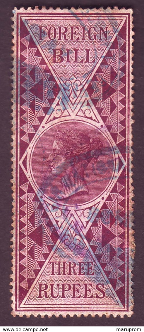 British India-Queen Victoria 3 Rupees 1861 Issue Foreign Bill Stamp #DIU34 - Other & Unclassified