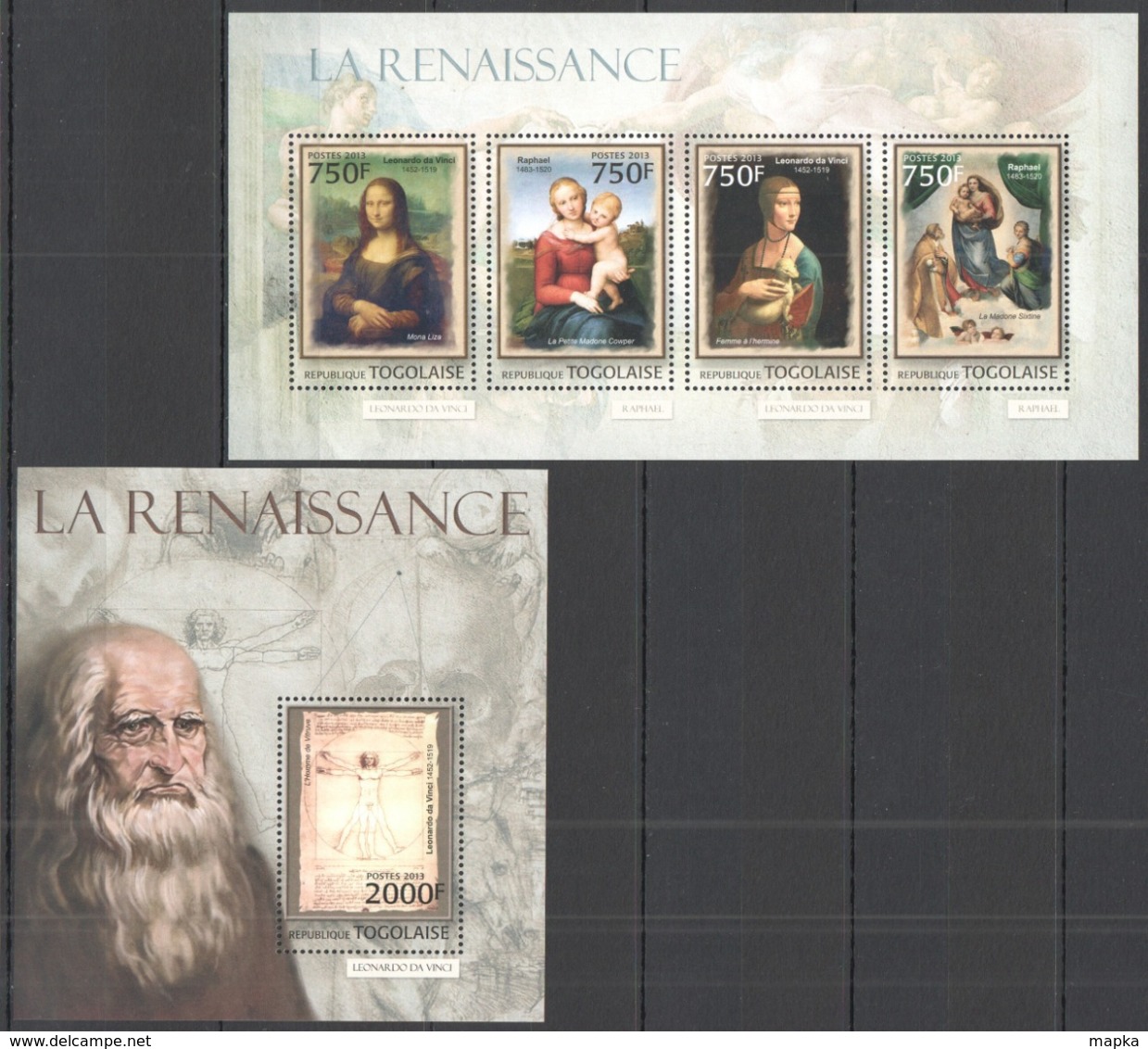 TG675 2013 TOGO TOGOLAISE ART PAINTINGS RENAISSANCE DA VINCI RAPHAEL MONA LISA KB+BL MNH - Autres & Non Classés