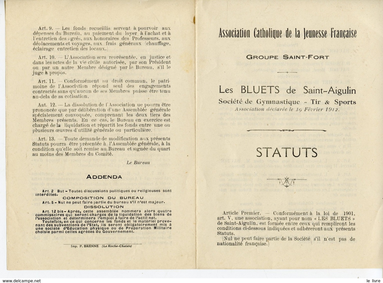 SAINT-AIGULIN 17 STATUTS DE L'ASSOCIATION LES BLUETS 1912 - Programas