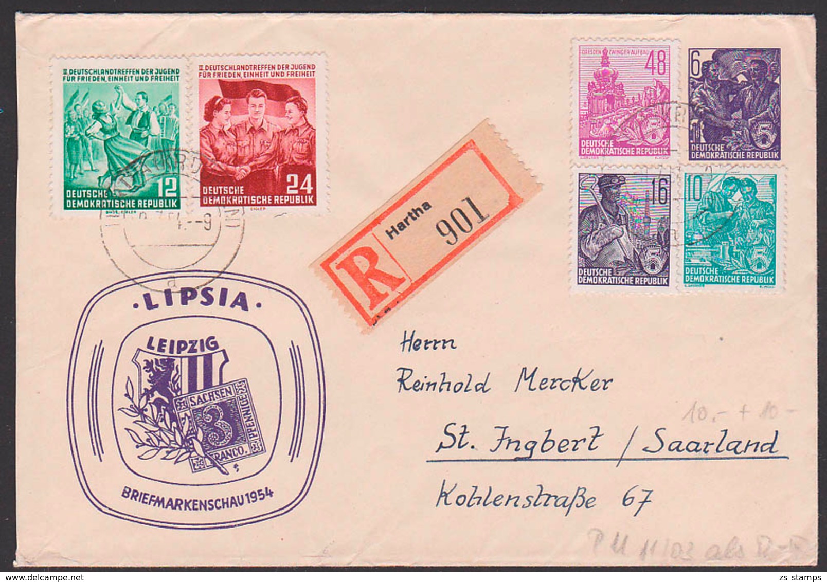 Leipzig Briefmarkenschau 1954, Sachsen-Dreier, DDR Privatumschlag 6 Pfg. 5-Jahrplan DDR PU 11/03 R-Bf Hartha, St Ingbert - Sobres Privados - Usados