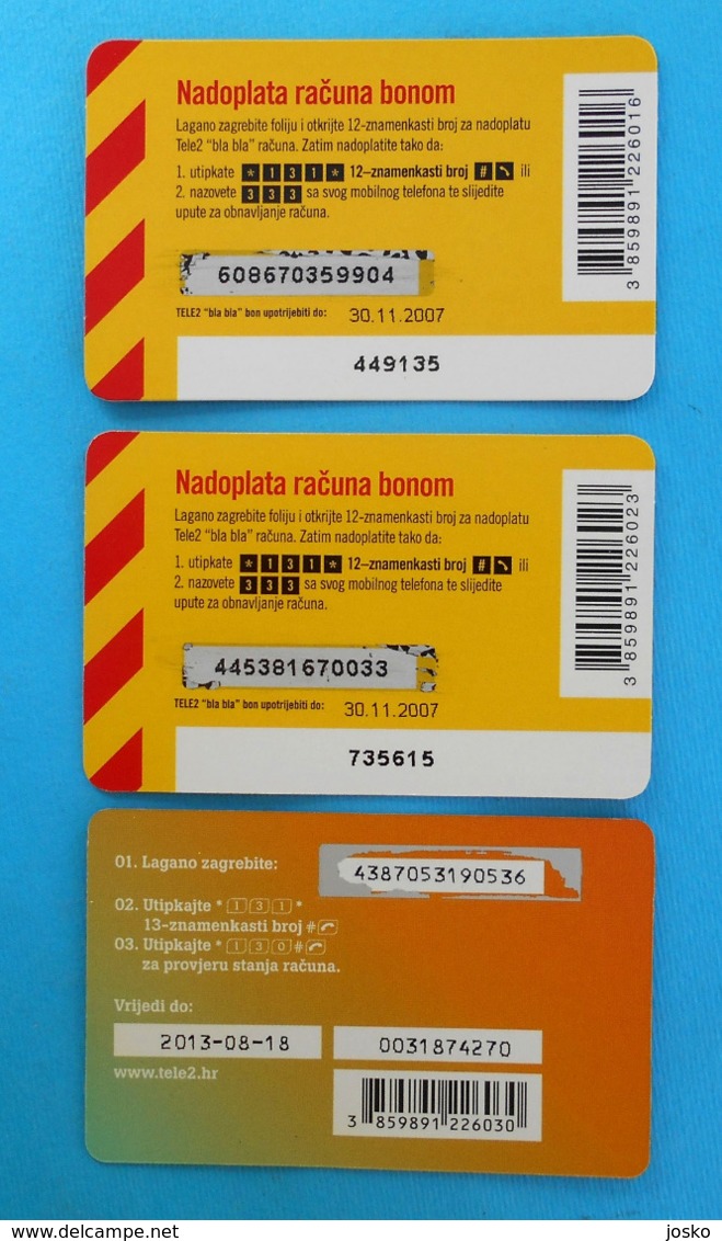 TELE2 ... " Bla Bla "  Bon - 25 - 50 - 100 Kn  * Croatia * Lot Of 3. Different Prepaid Cards - Kroatien