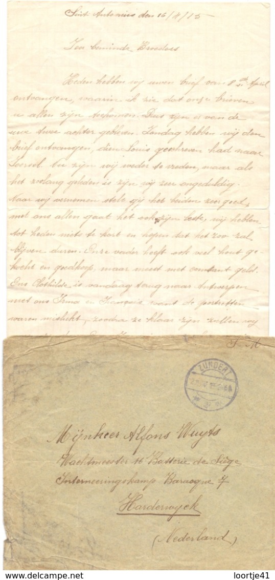 Brief Lettre - Van Sint Antonius Tijdens Oorlog - 16 April 1915  - Naar Alfons Wuyts Interneringskamp Harderwijk - Ohne Zuordnung