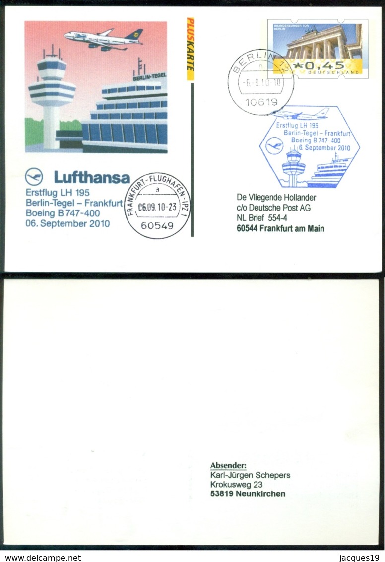 Deutschland 2010 Spezial Postkarte Erstflug Frankfurt - Berlin-Tegel Lufhansa B747-400 Blau Stempel - Postcards - Used