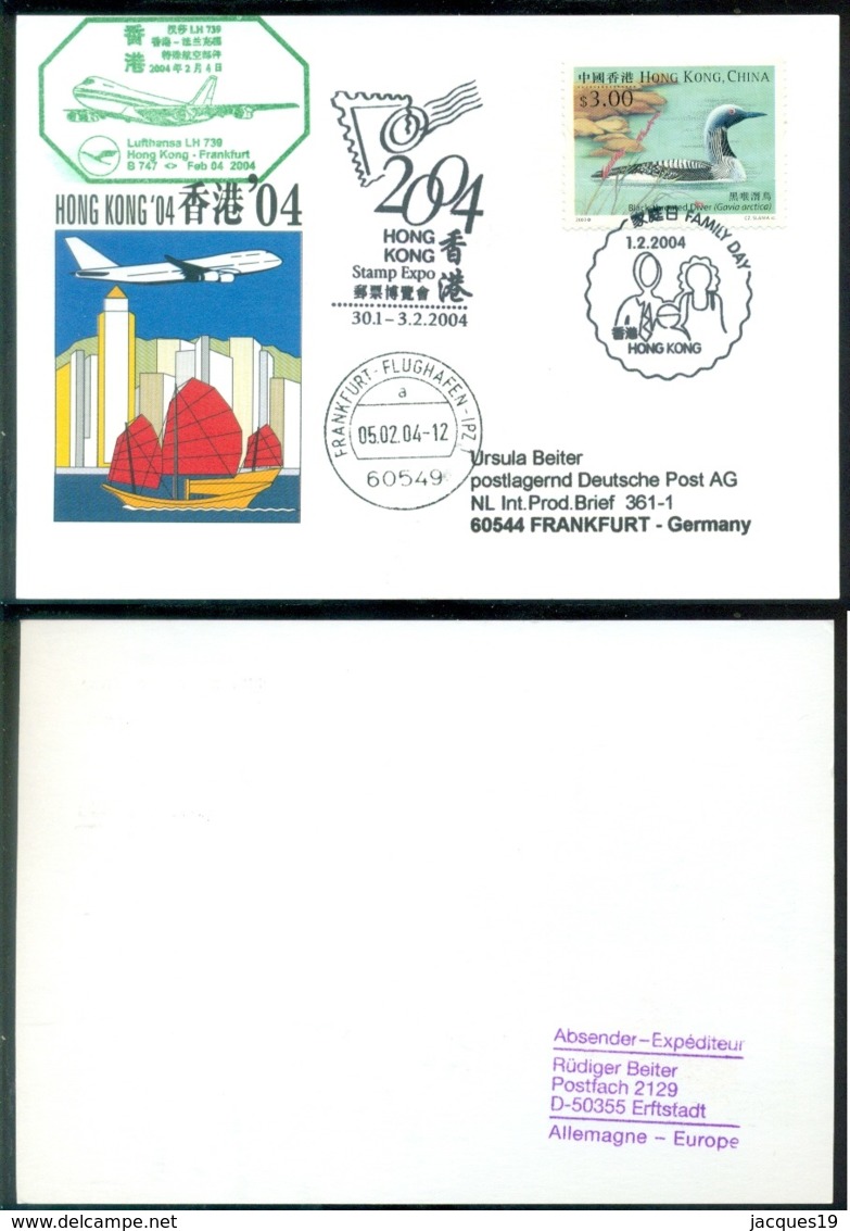 Hong Kong 2004 Postcard Special Flight Stamp Expo Lufthansa B747 Hong Kong - Frankfurt - Brieven En Documenten