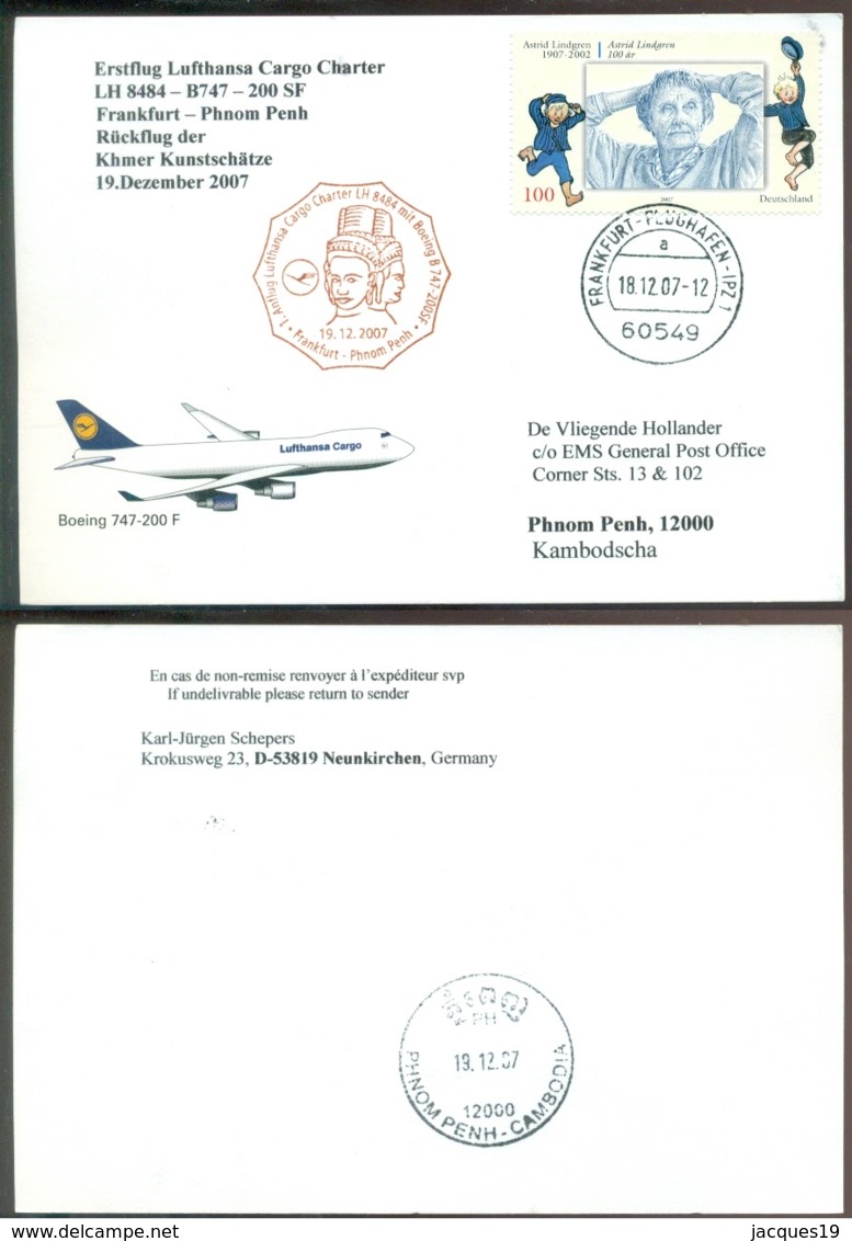 Deutschland 2007 Postkarte Erstflug Lufthansa Cargo Charter B747 Frankfurt - Phnom Penh Kambodscha - Storia Postale