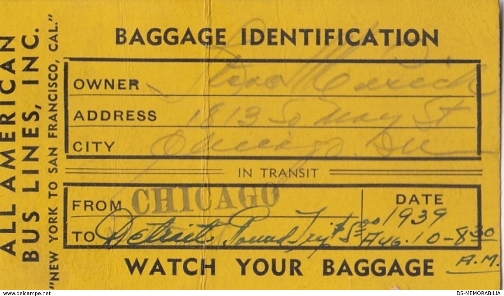 ALL AMERICAN BUS LINES INC BAGGAGE IDENTIFICATION CHICAGO-DETROIT 1939 - World