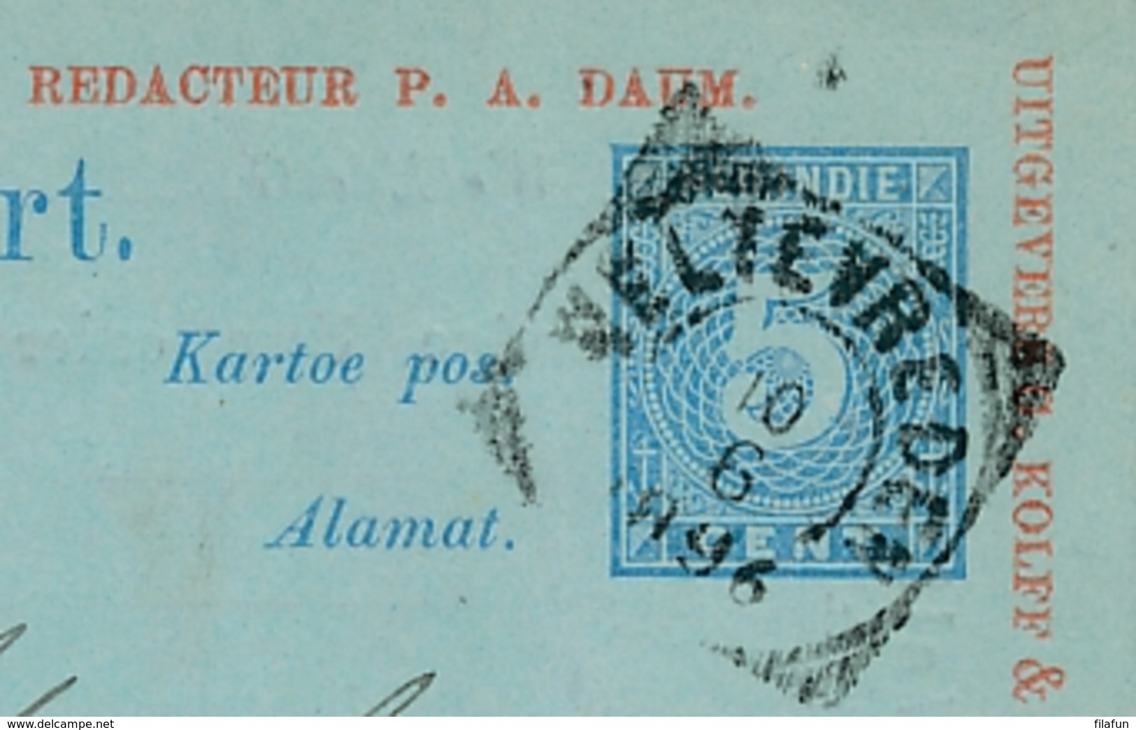 Nederlands Indië - 1896 - 5 Cent Cijfer, Briefkaart G10 Particulier Bedrukt Bataviaasch Nieuwsblad Naar Soerabaja - Nederlands-Indië