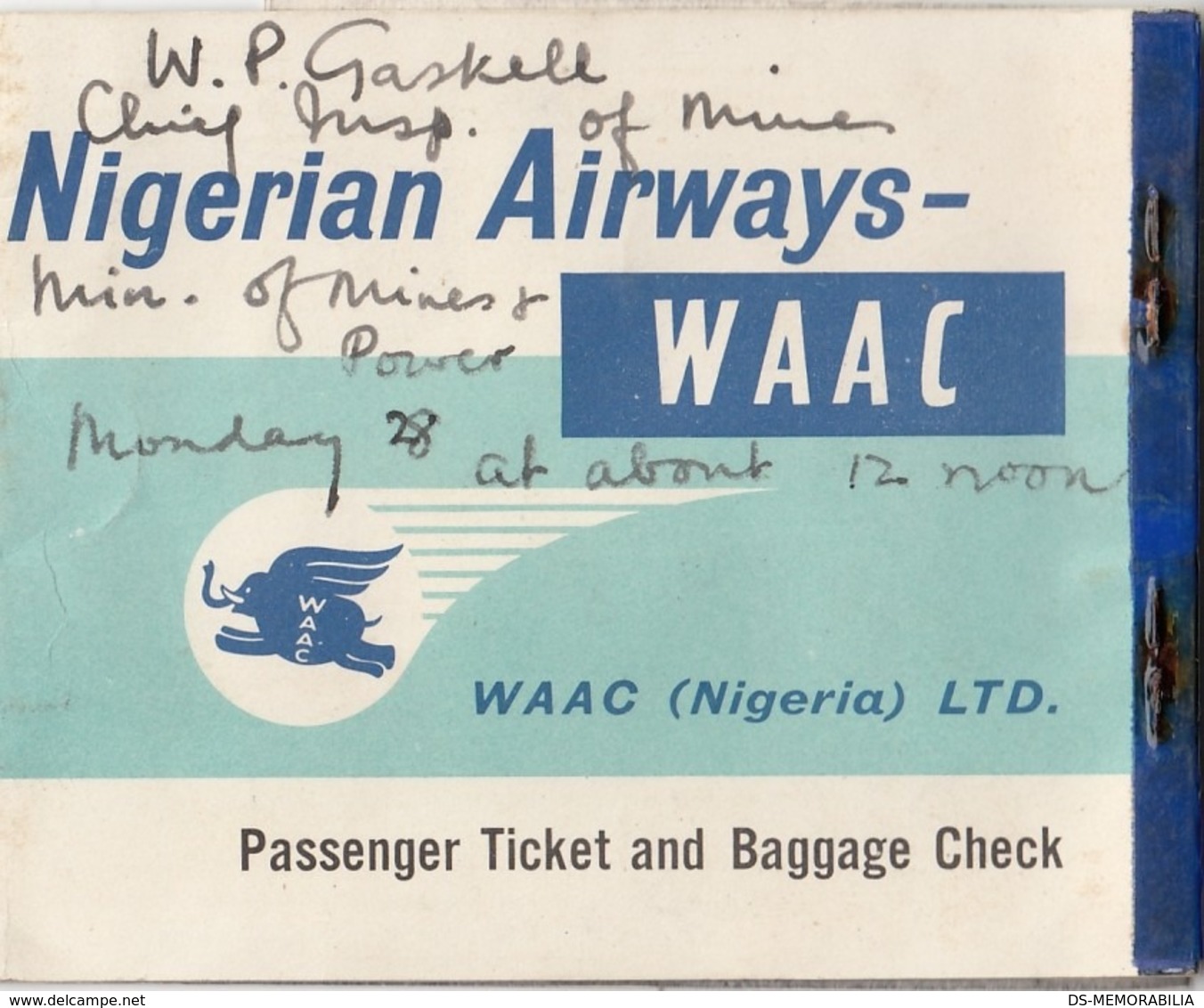 WAAC NIGERIAN AIRWAYS PASSENGER TICKET & BAGGAGE CHECK LAGOS 1960 - Wereld