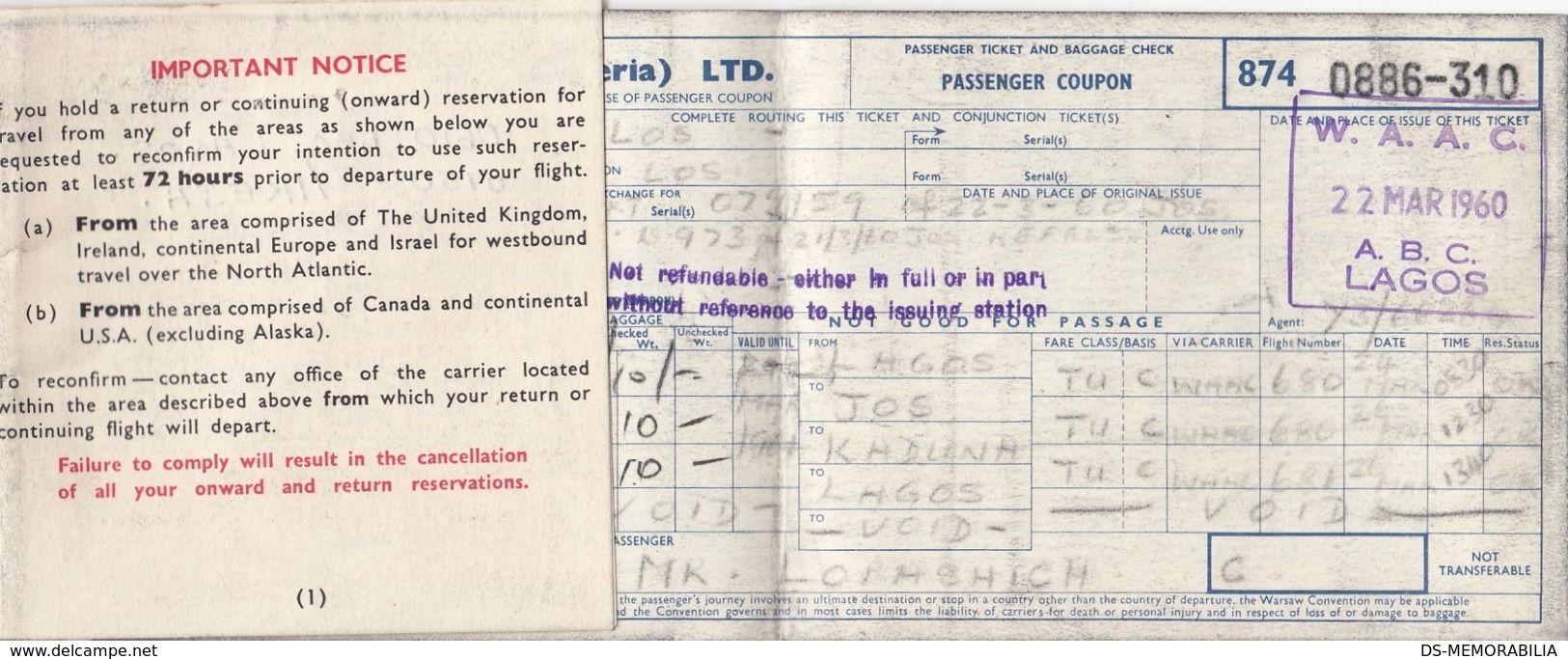 WAAC NIGERIAN AIRWAYS PASSENGER TICKET & BAGGAGE CHECK LAGOS 1960 - Monde