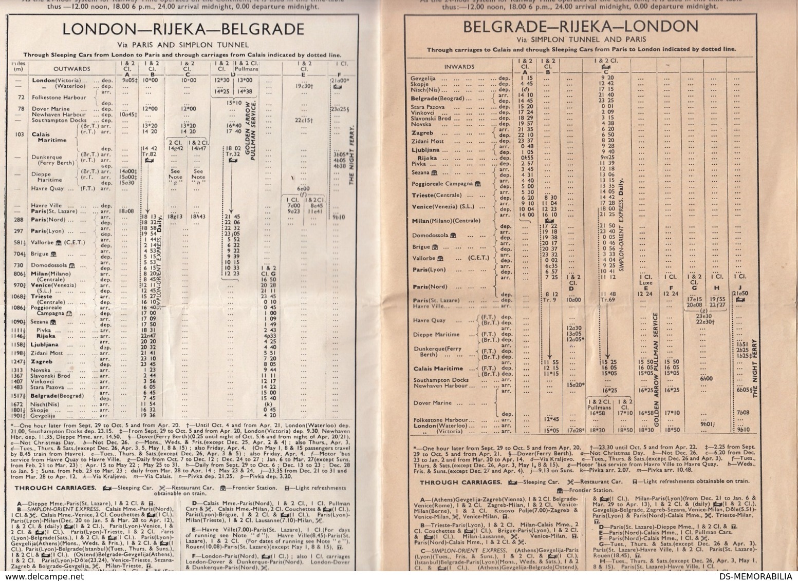 1957/58 BRITISH RAILWAYS TIMETABLE YUGOSLAVIA - Europe