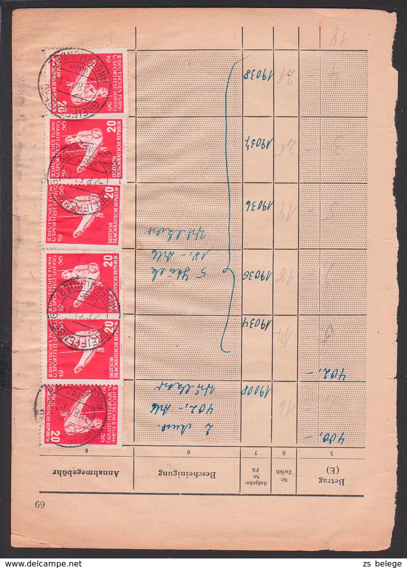 Greiffenberg Angermünde, 20 Pf. (6) II. Turn- U. Sportfest 1956, Turner Ringe, Formularseite, Bezahlte Annahmegebühr - Covers & Documents