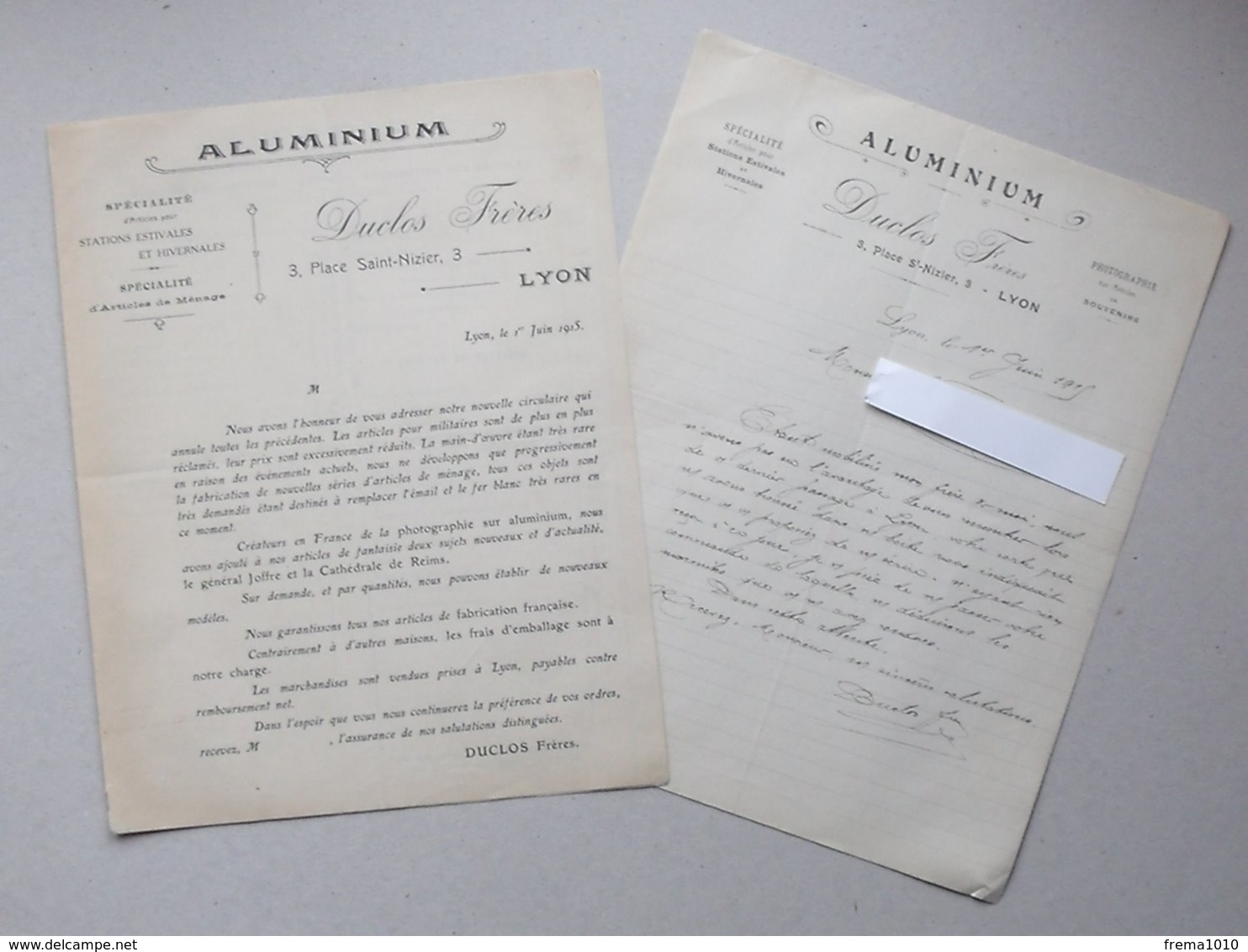 LYON - Publicite + Lettre à En-tête 1915 ALUMINIUM Articles Station Estivale Hivernale Photographie Sur Souvenir -DUCLOS - 1900 – 1949