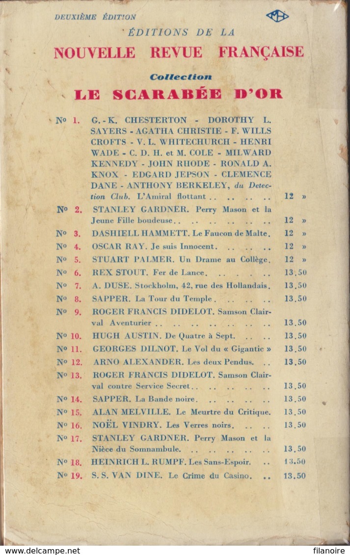 Rex STOUT La Bande élastique Scarabée D’Or N°20 (EO, 1938) - NRF Gallimard