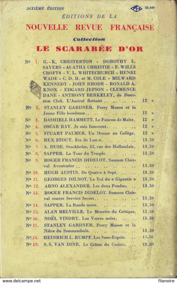 S.S. VAN DINE Le Crime Du Casino Scarabée D’Or N°19 (EO, 1938) - NRF Gallimard