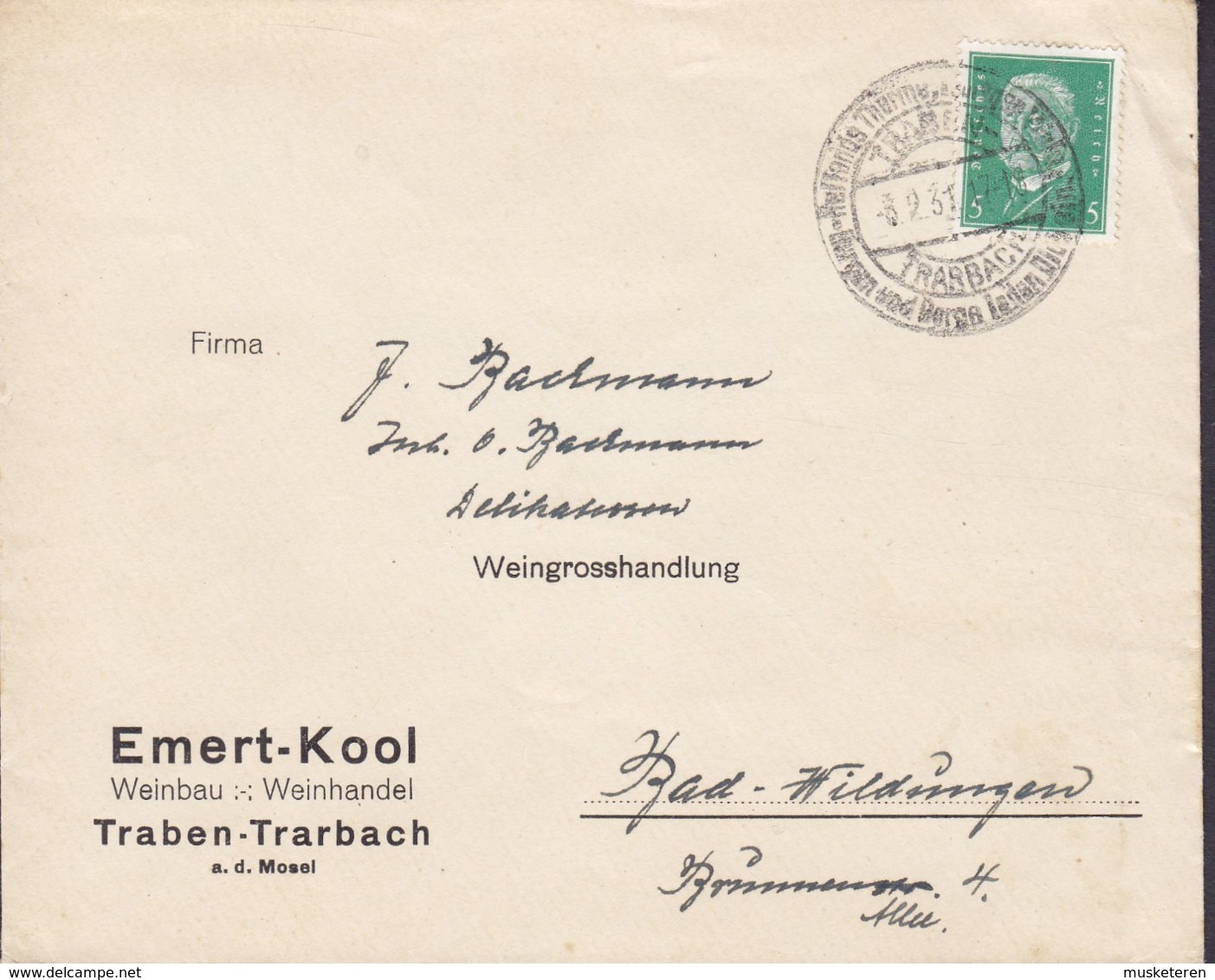 Deutsches Reich EMERT-KOOL Weinbau Weinhandel TRABEN-TRARBACH 1931 Cover Brief BAD WILDUNGEN Hindenburg - Briefe U. Dokumente