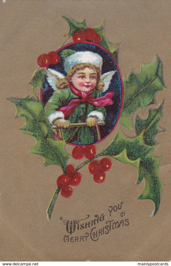 AS94 Greetings - Wishing You A Merry Christmas - Girl/angel, Holly, Berries, Metalic Background - Other & Unclassified