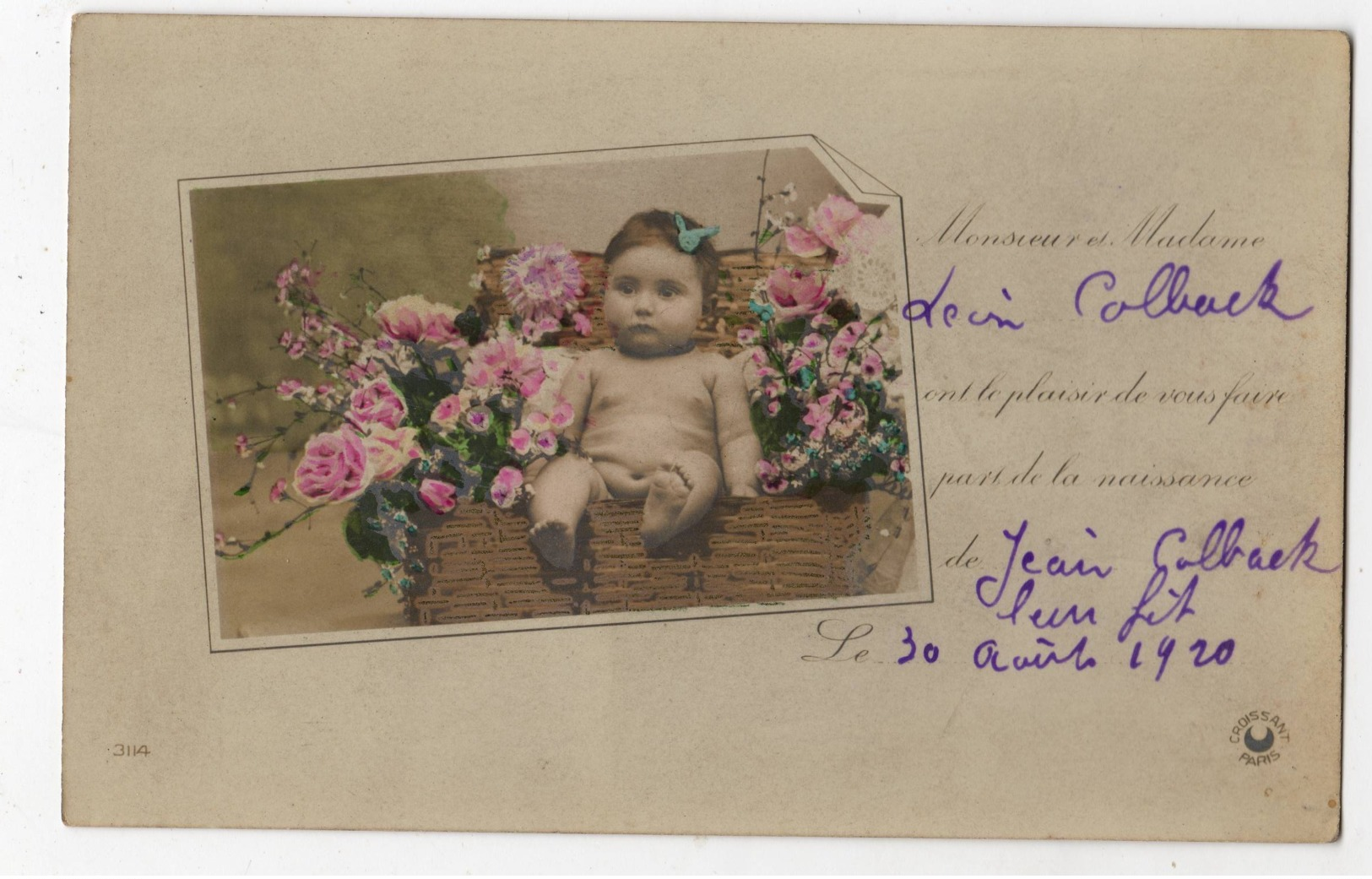Carte Photo Faire Part De Naissance Jean COLBAK 1920 Voir Verso - Birth