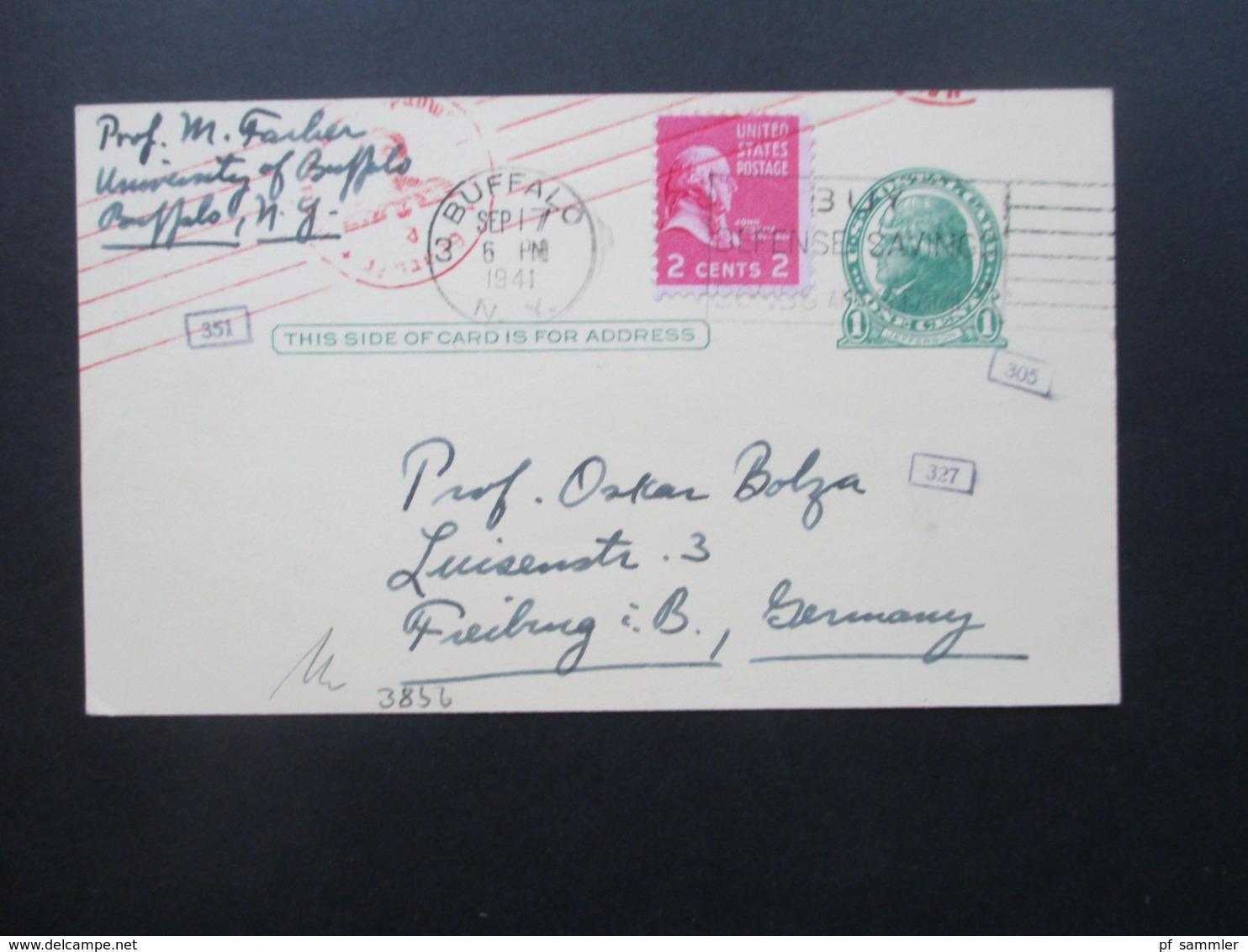 USA 1941 Zensurbeleg GA Mit ZuF Mehrfachzensur OKW Buffalo - Freiburg Social Philately Dr. Oskar Bolza Mathematiker - Brieven En Documenten