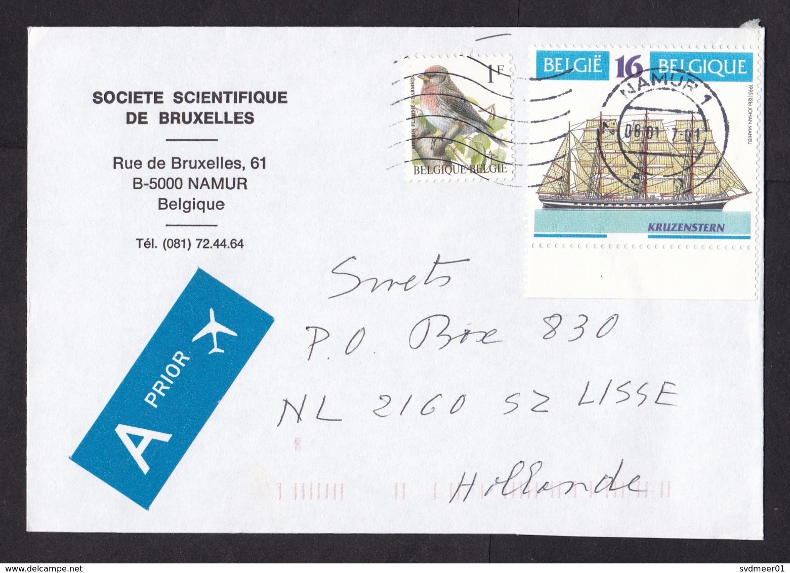 Belgium: Priority Cover To Netherlands, 1997, 2 Stamps, Sailing Ship, Bird, A-label (traces Of Use) - Lettres & Documents