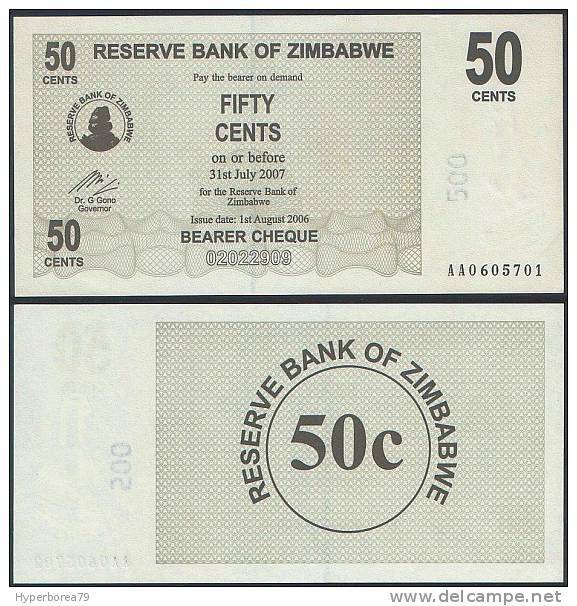 Zimbabwe P 36 - 50 Cents 1.8.2006 BEARER CHEQUE - UNC - Zimbabwe