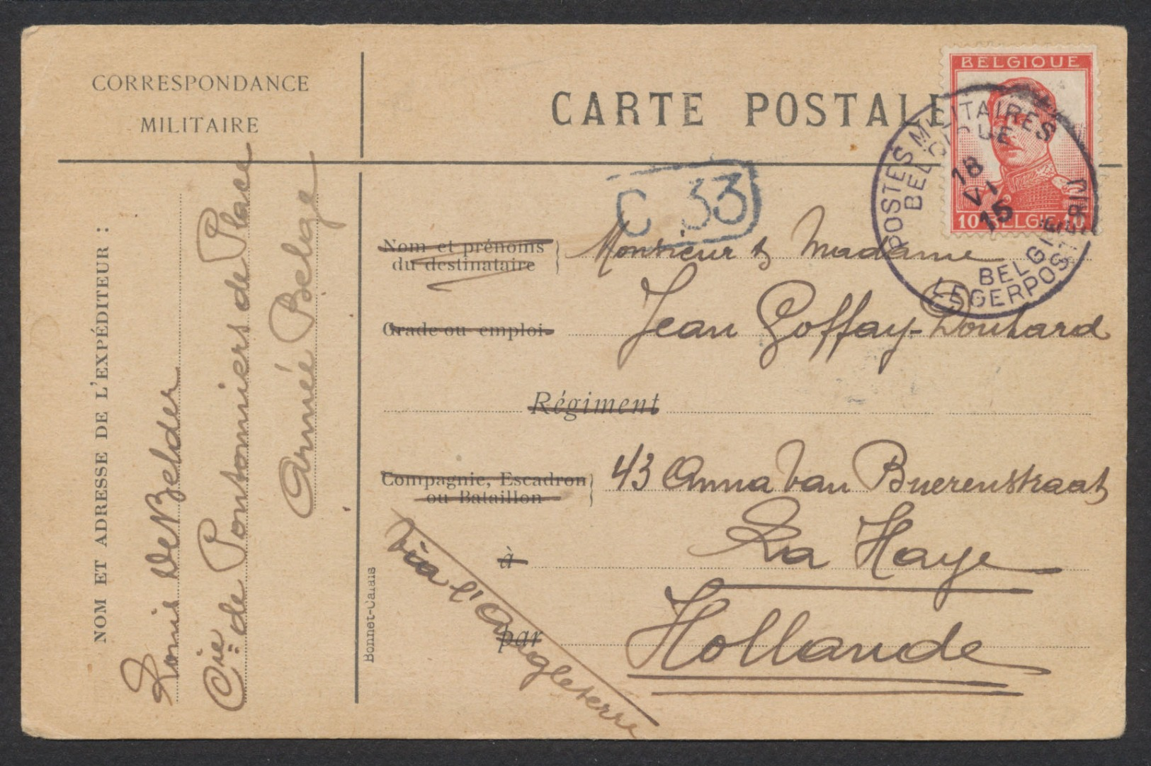 Pellens - 10ctm Sur Correspondance Militaire Obl "P.M.B." (1915) Vers La Haye Via L'angleterre / Texte Au Verso. - 1912 Pellens
