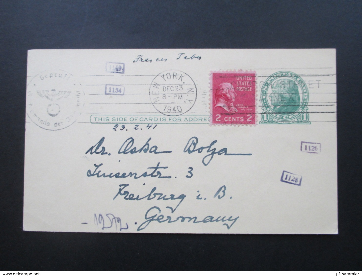 USA 1940 Zensurbeleg GA Mit ZuF Mehrfachzensur OKW New York - Freiburg Social Philately Dr. Oskar Bolza Mathematiker - Briefe U. Dokumente